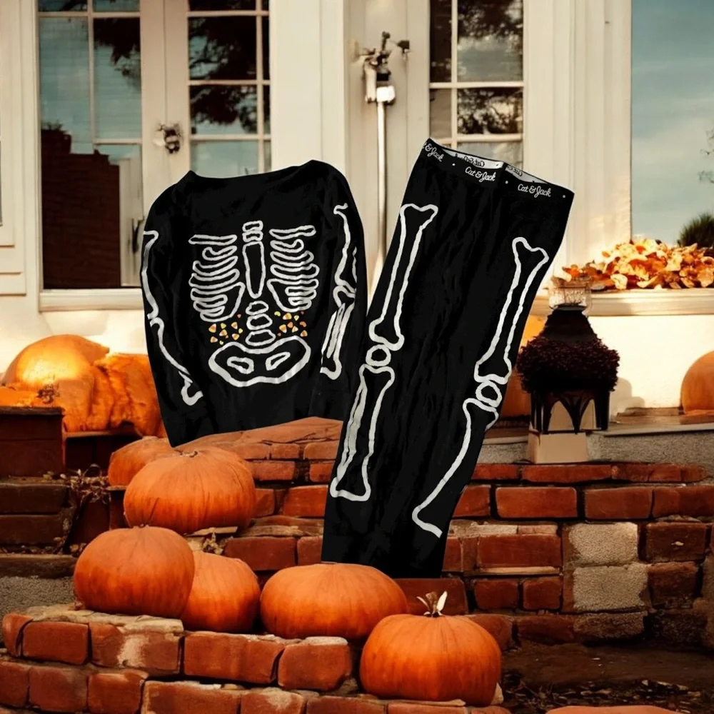 Cat & Jack Glow in Dark Skeleton Halloween Pajama Set Costume Candy Corn Kids 6
